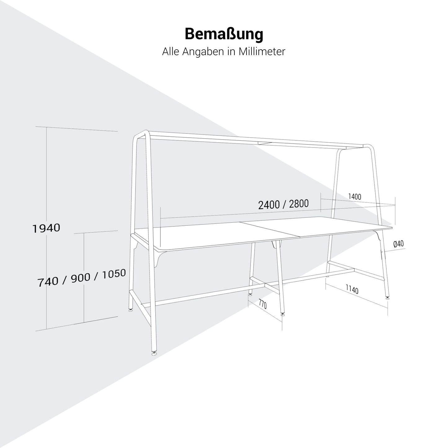 ROUND Multipurpose Tisch | 2400 - 2800  x 740 - 1050 mm, optionales Zubehör