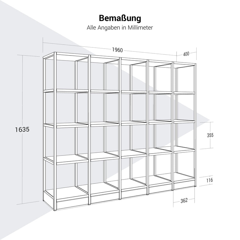 ATELLA Cabinet scaffale | 4 Oh, 1960 x 1635 mm, grigio perla