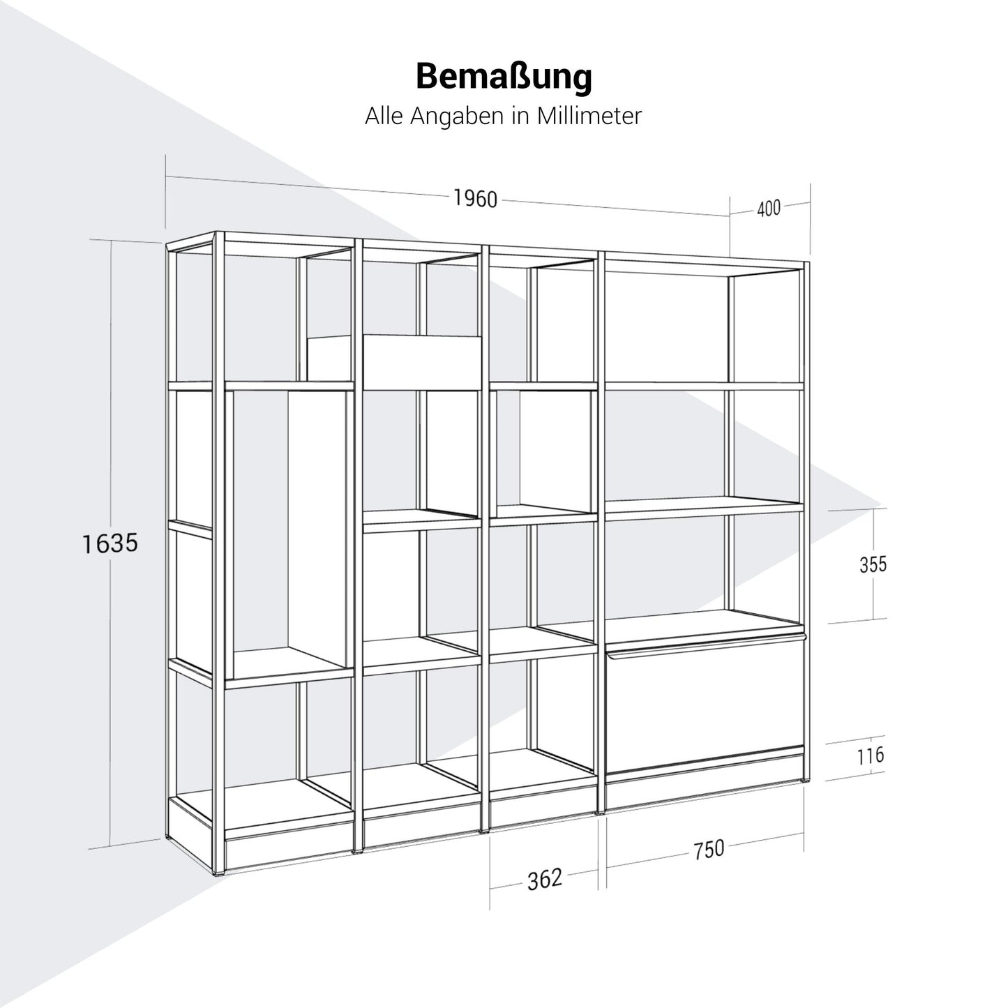 ATELLA Shelf cabinet | 4 Oh, 1960 x 1635 mm, white