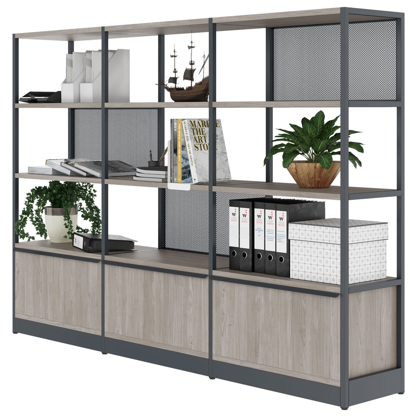 Atella Shelf | 4 OH, 2350 x 1635 mm, North Oak Grey