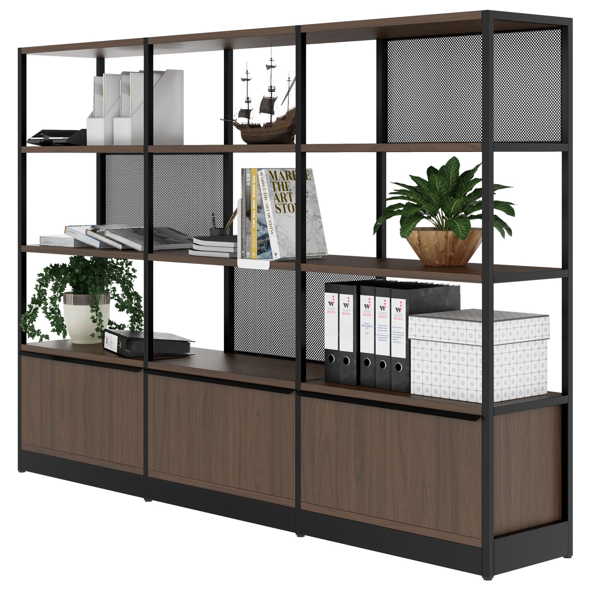 ATELLA shelf cabinet | 4 OH, 2350 x 1635 mm, walnut