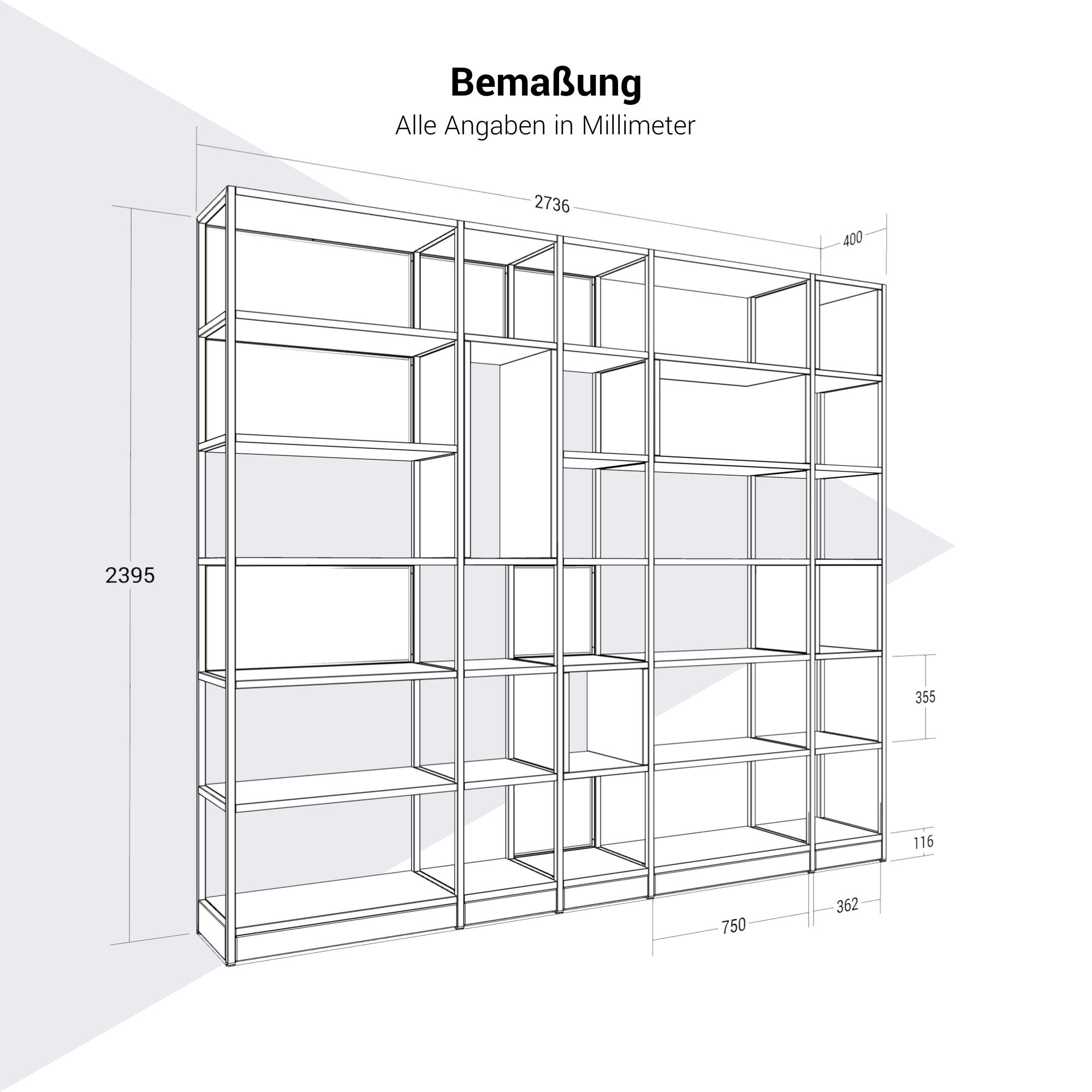 ATELLA Cabinet scaffale | 6 OH, 2736 x 2395 mm, grigio perla