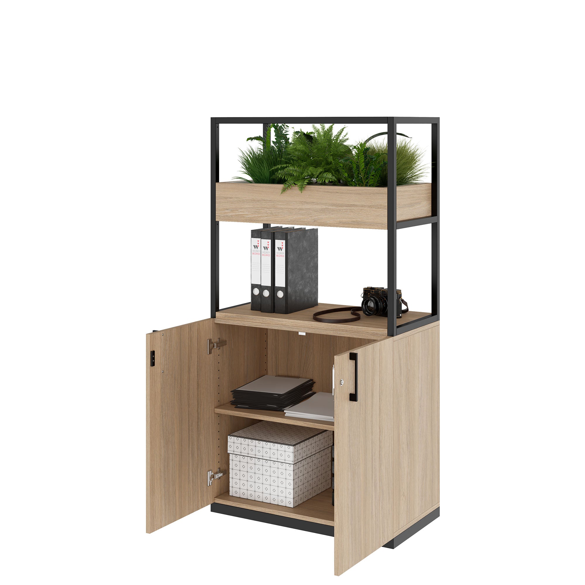 CHOICE shelf cabinet | 4 OH, 800 x 1545 mm, flower box, amber oak