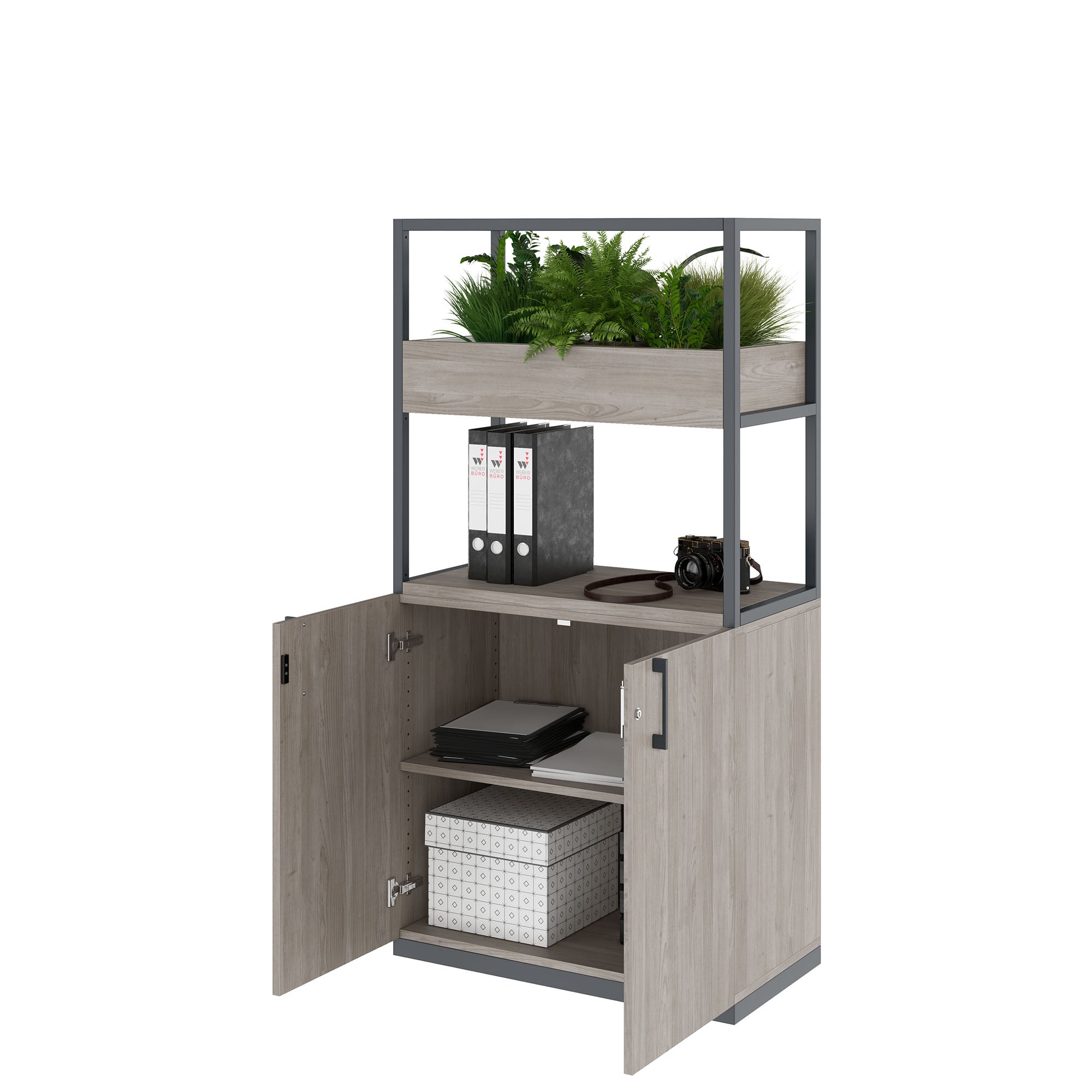 CHOICE shelf cabinet | 4 OH, 800 x 1545 mm, flower box, gray northern oak