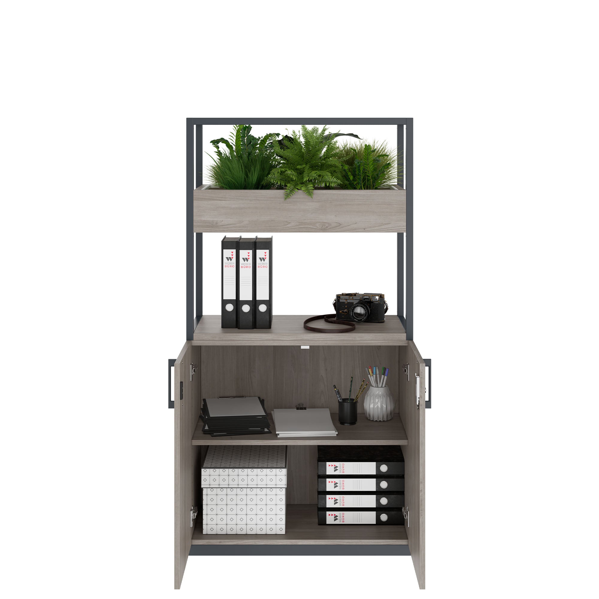 CHOICE shelf cabinet | 4 OH, 800 x 1545 mm, flower box, gray northern oak