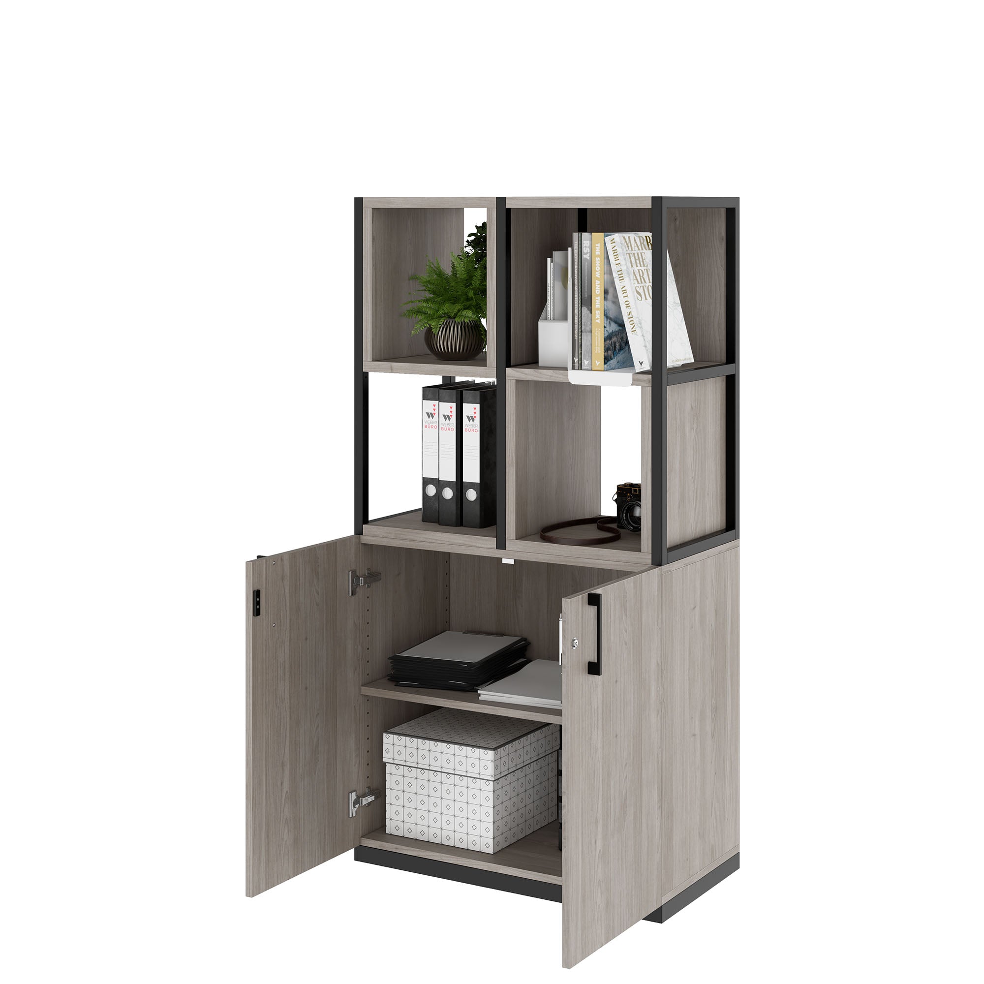 CHOICE shelf cabinet | 4 OH, 800 x 1545 mm, shelf boxes, gray northern oak