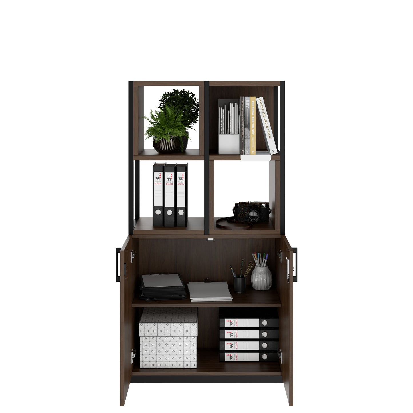 Armoire étagère CHOICE | 4 OH, 800 x 1545 mm, boîtes à étagères, noyer