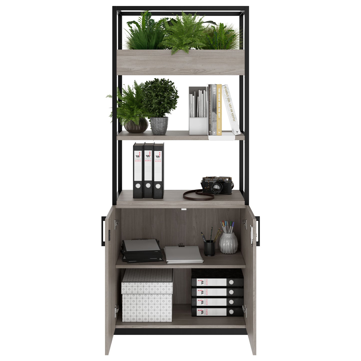 Armoire étagère CHOICE | 5 OH, 800 x 1925 mm, bac à fleurs, chêne du nord gris