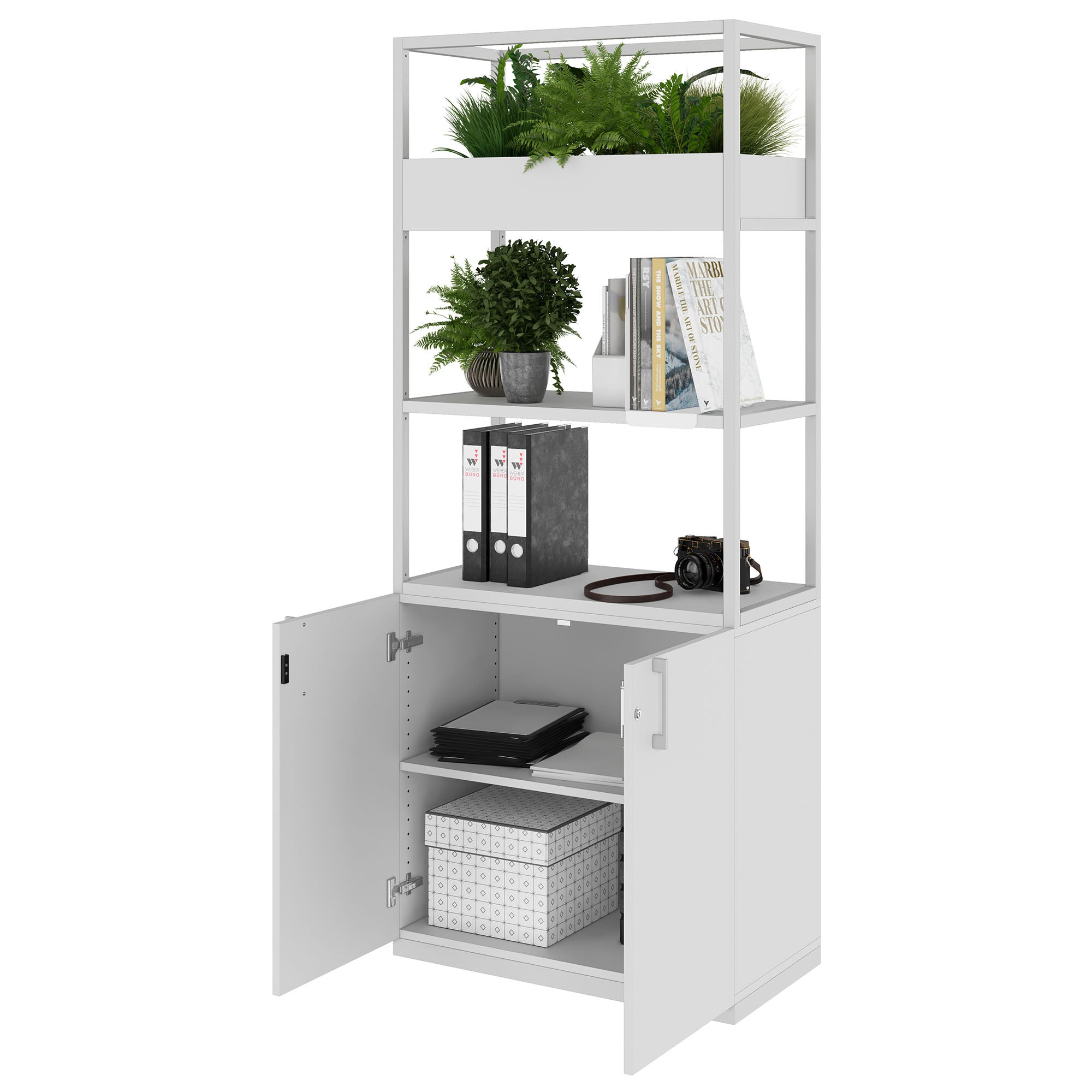 CHOICE shelf cabinet | 5 OH, 800 x 1925 mm, flower box, pearl gray