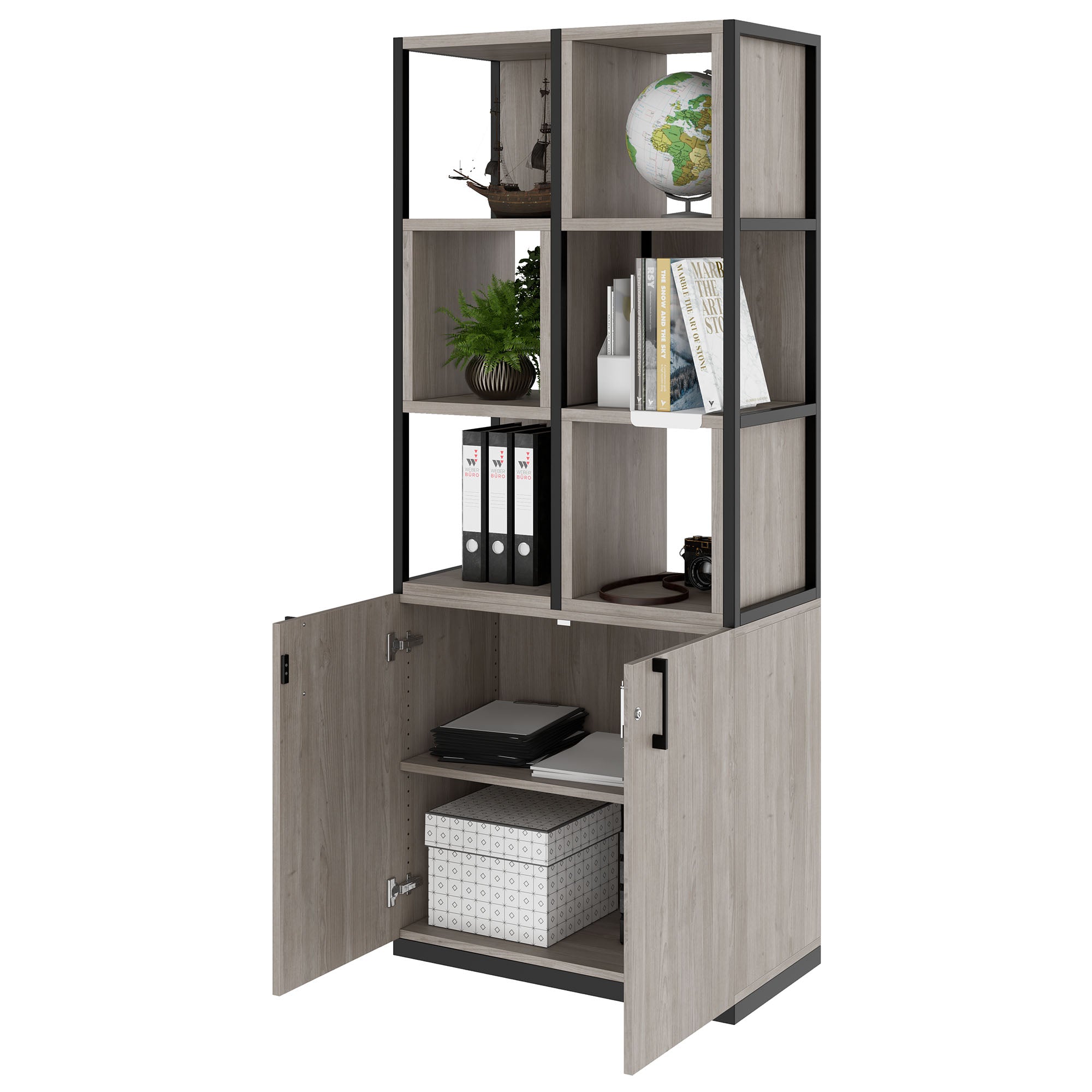 CHOICE shelf cabinet | 5 OH, 800 x 1925 mm, shelf boxes, gray northern oak