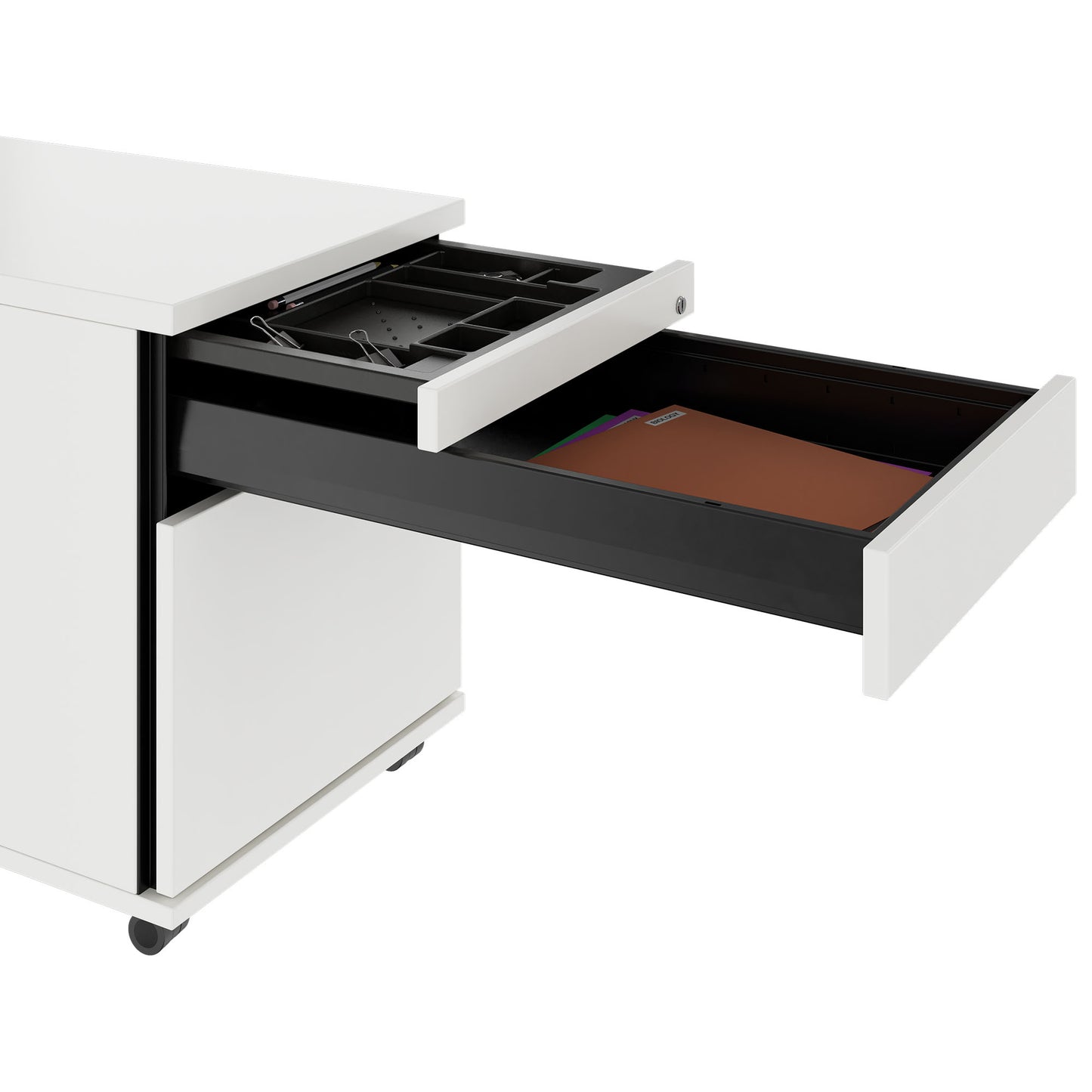 TIP Roll container | 800 mm deep, trailer register, small partial compartment, soft-close, white
