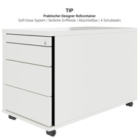 TIP Rolling container | 800 mm deep, small parts compartment, soft close, white