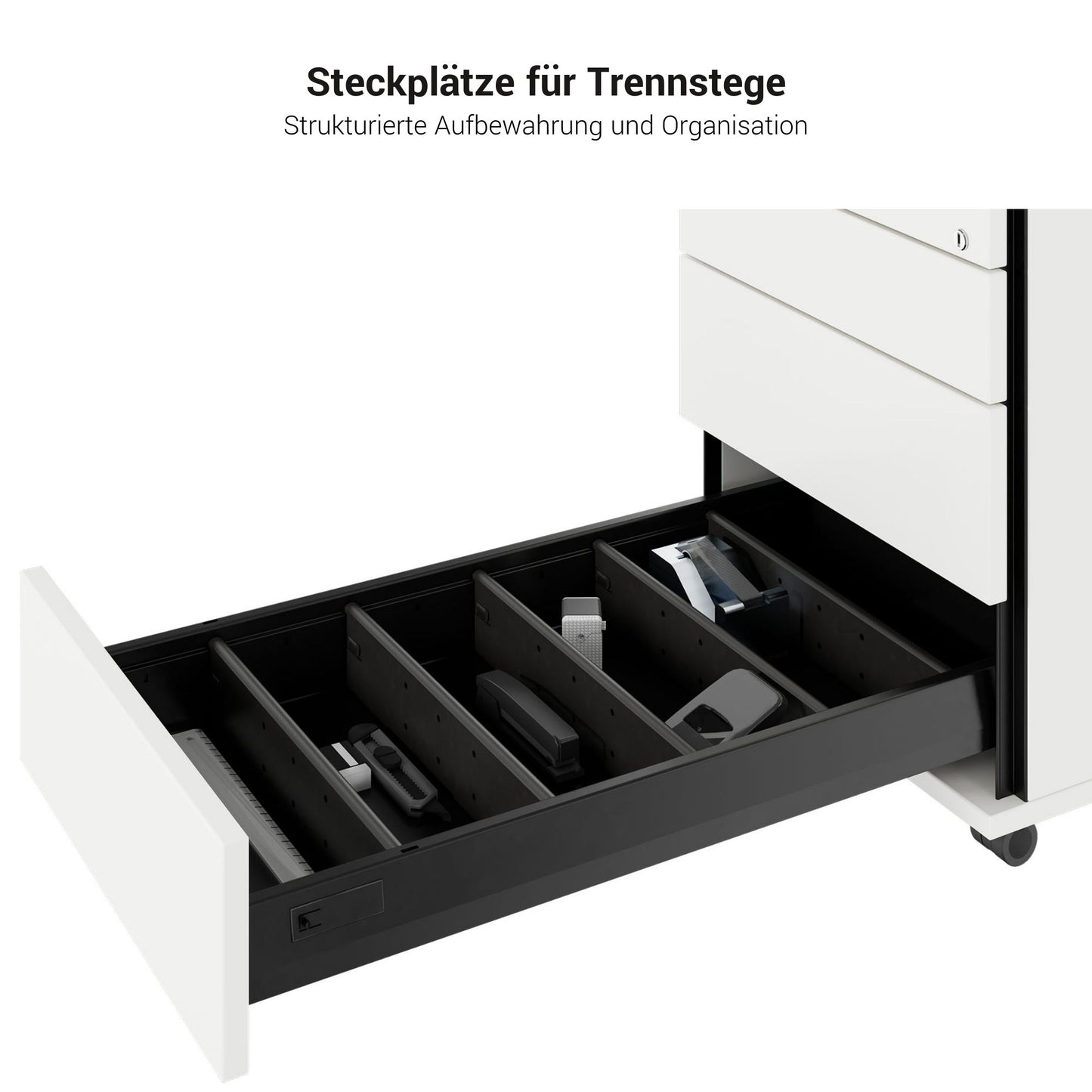 TIP Rolling container | 800 mm deep, small parts compartment, soft close, white