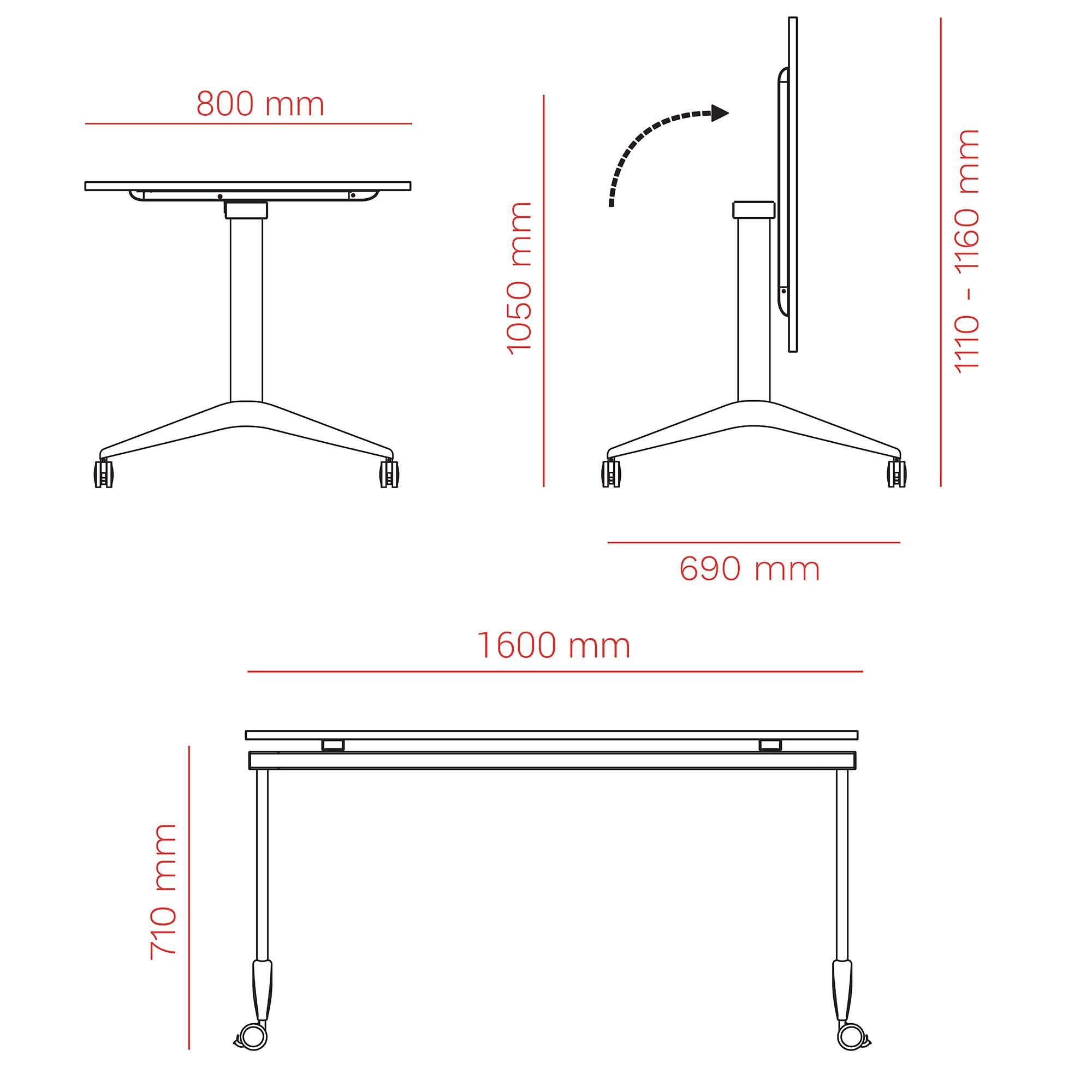 MARA - SAVIO TILTING Klapptisch | Rollbar, klappbar, 1600 x 800 mm, Anthrazit