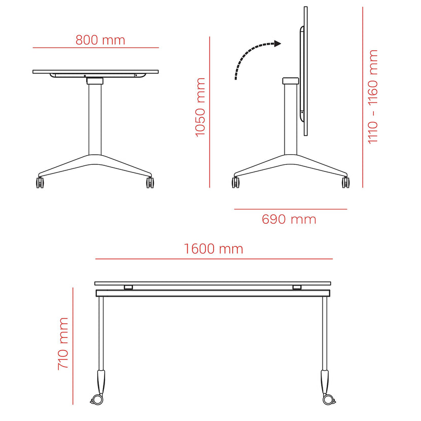 MARA - SAVIO TILTING Klapptisch | Rollbar, klappbar, 1600 x 800 mm, Anthrazit