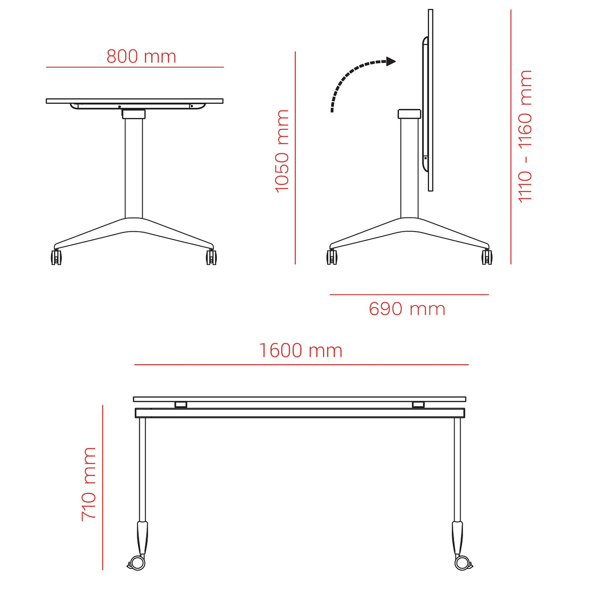 MARA - SAVIO TILTING Klapptisch | Rollbar, klappbar, 1600 x 800 mm, Perlgrau - 10 Lightbox Main Image