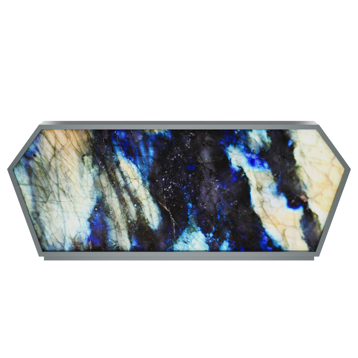 SHINE Empfangstheke | 2680 x 1100 mm, integrierter Kabeldurchlass, Front mit Grafikdruck und LED-Beleuchtung