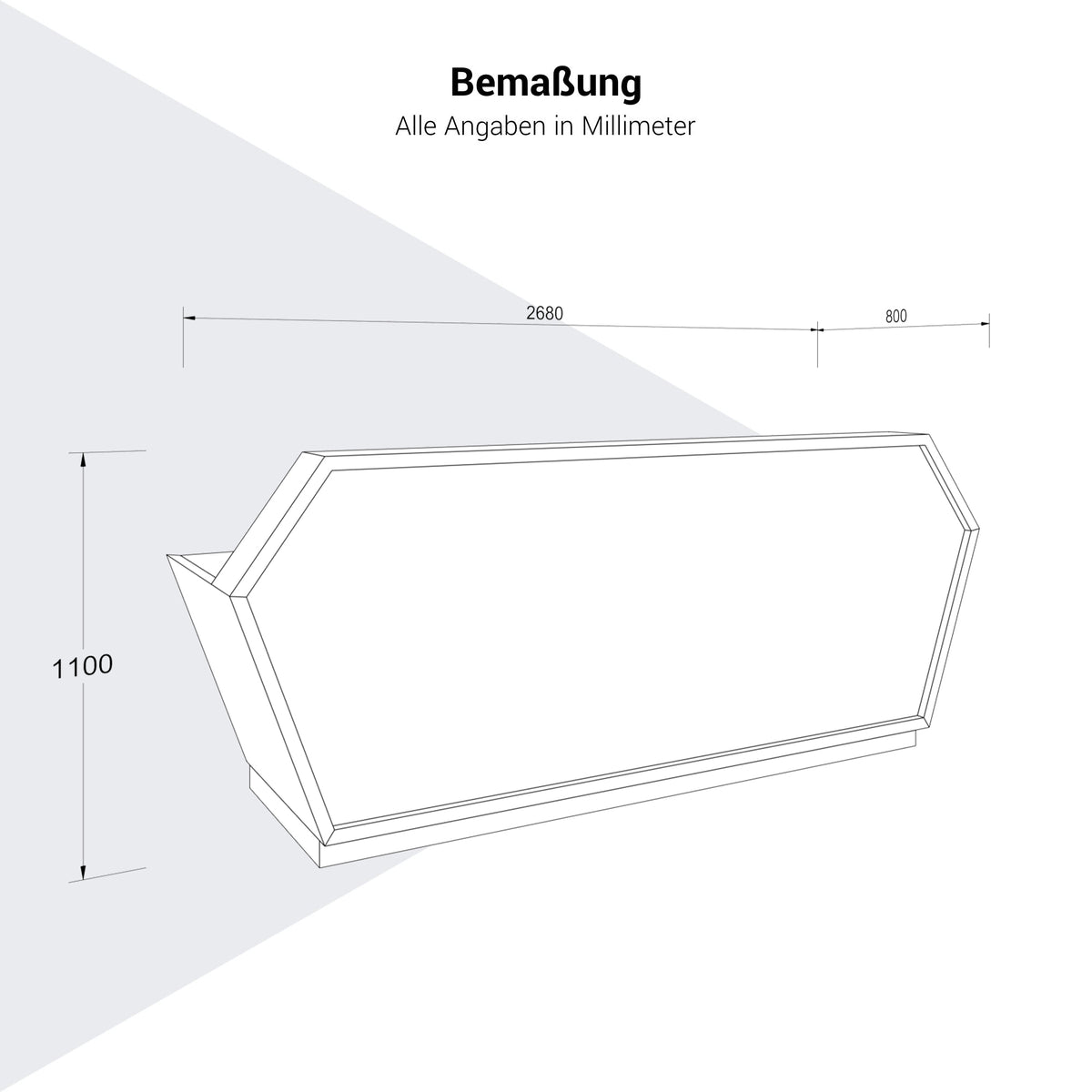 SHINE Empfangstheke | 2680 x 1100 mm, integrierter Kabeldurchlass, Front mit Grafikdruck und LED-Beleuchtung