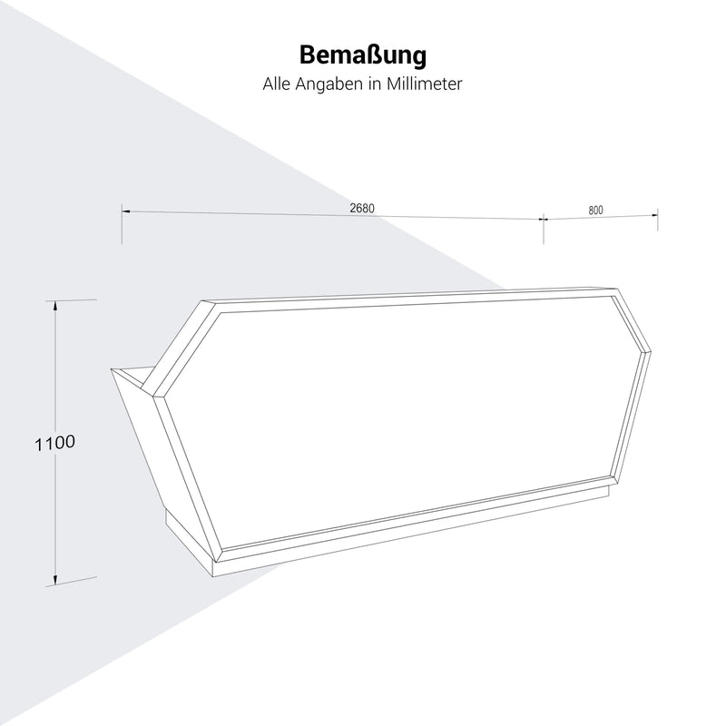 SHINE Empfangstheke | 2680 x 1100 mm, integrierter Kabeldurchlass, Front mit Grafikdruck und LED-Beleuchtung - 10 Main Image