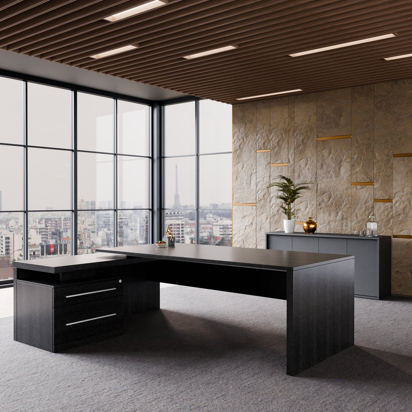 Stratego Chief Desk | 2300 x 1720 mm, bassa bordo integrato, quercia scura