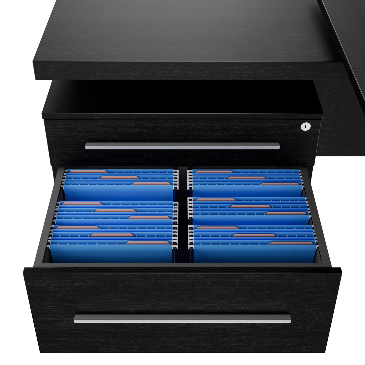 STRATEGO Chefschreibtisch | 2300 x 1720 mm, Integriertes Lowboard, Dunkle Eiche - 8 Lightbox Main Image