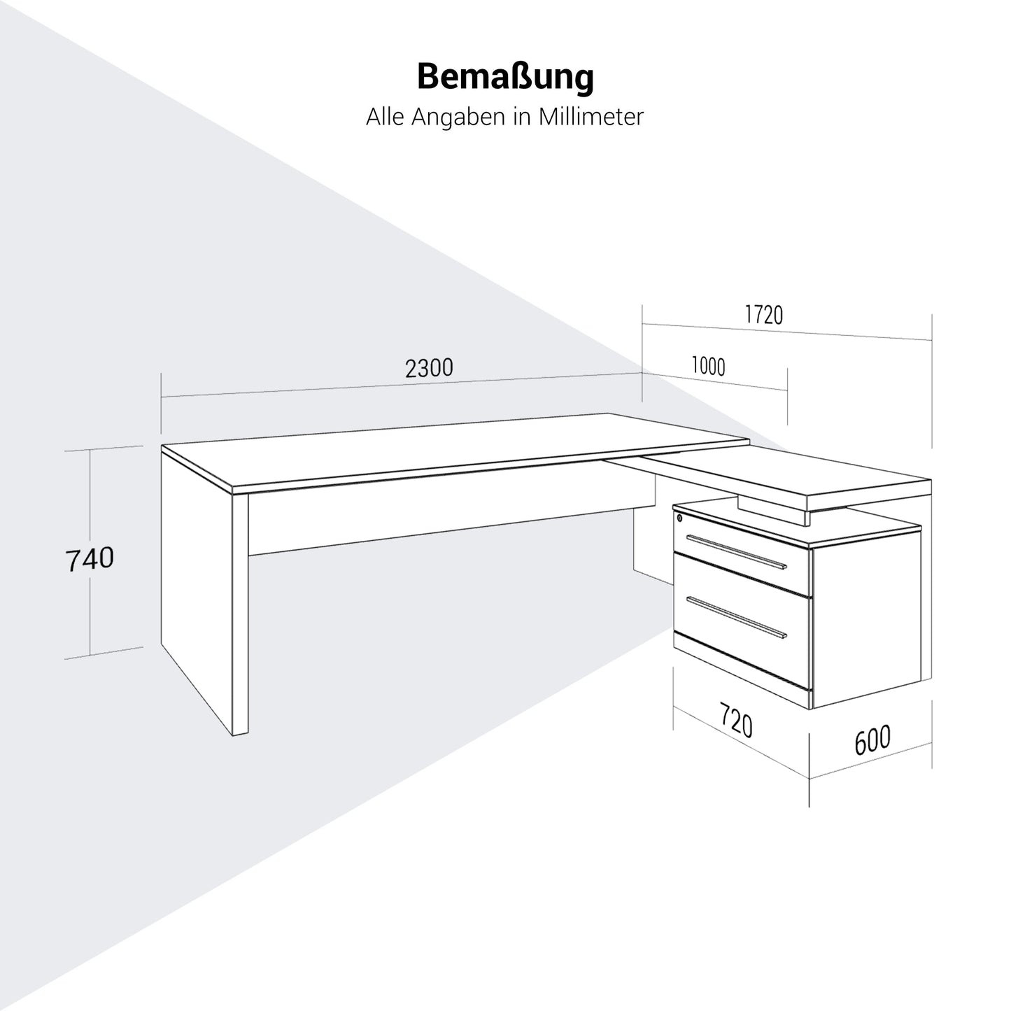 Stratego chief desk | 2300 x 1720 mm, integrated lowboard, white