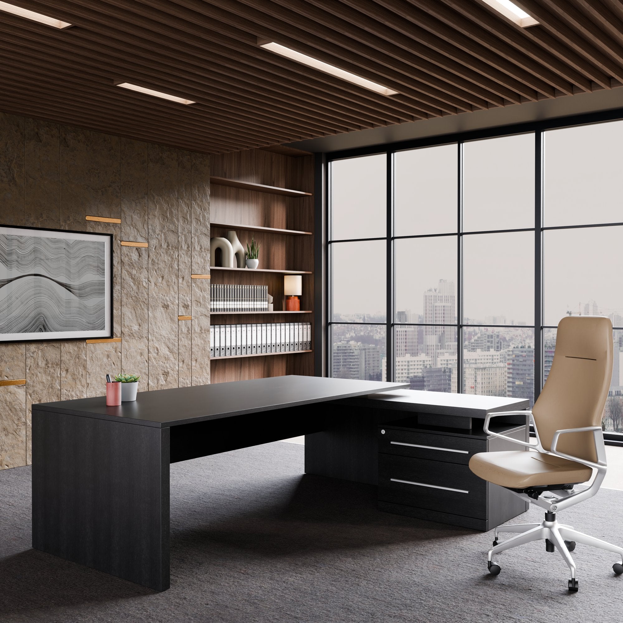 Stratego Chief Desk | 2300 x 1720 mm, basboard intégré, chêne foncé