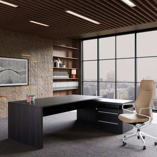 Stratego chief desk | 2300 x 1720 mm, integrated lowboard, dark oak