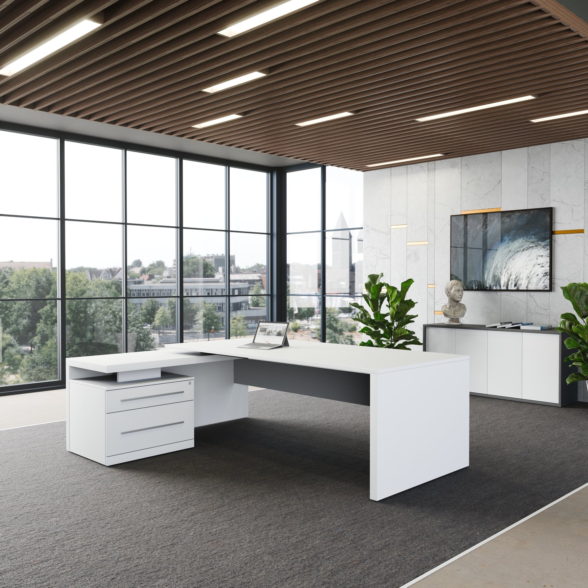 STRATEGO Chefschreibtisch | 2300 x 1720 mm, Integriertes Lowboard, Weiß