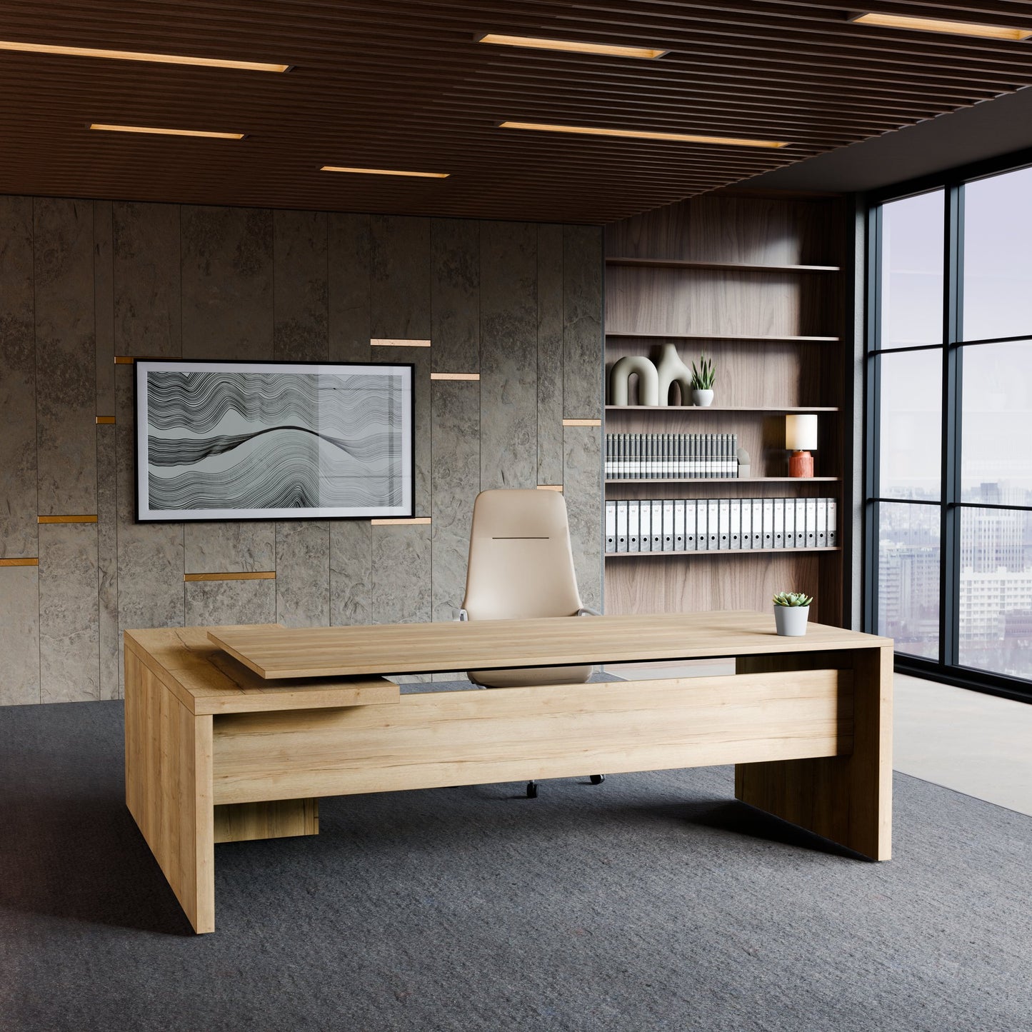 Stratego chief desk | 2300 x 1720 mm, integrated lowboard, wild oak