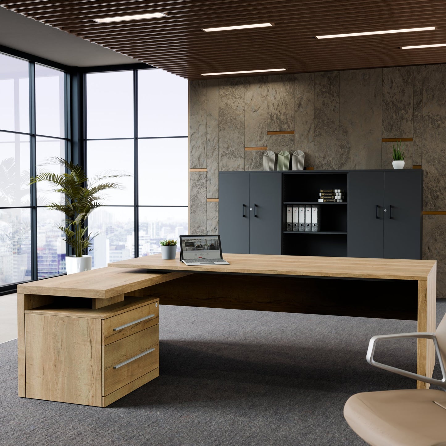 Stratego chief desk | 2300 x 1720 mm, integrated lowboard, wild oak