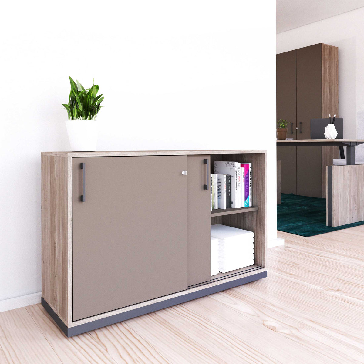 CHOICE Armoire à portes coulissantes | 2 hauteurs de dossier, 1200 x 760 mm, chêne nordique gris / gris cubanite  - 1 Lightbox Main Image