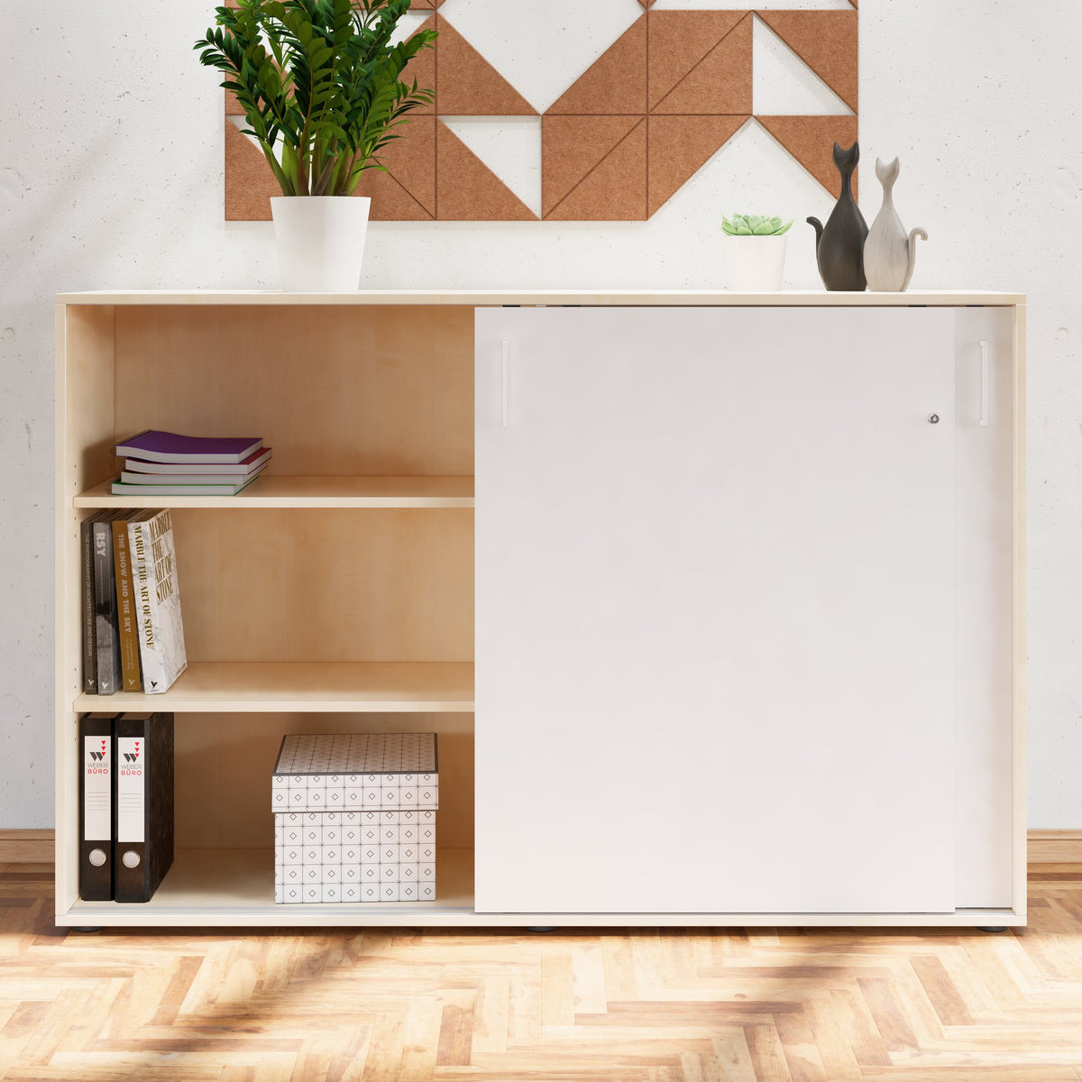NOVA sliding door wardrobe | 3 shelves, 1640 x 1085 mm, maple/white - 2 Lightbox Main Image