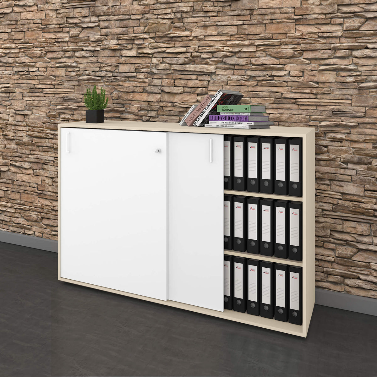 NOVA sliding door wardrobe | 3 shelves, 1640 x 1085 mm, maple/white - 18 Lightbox Main Image