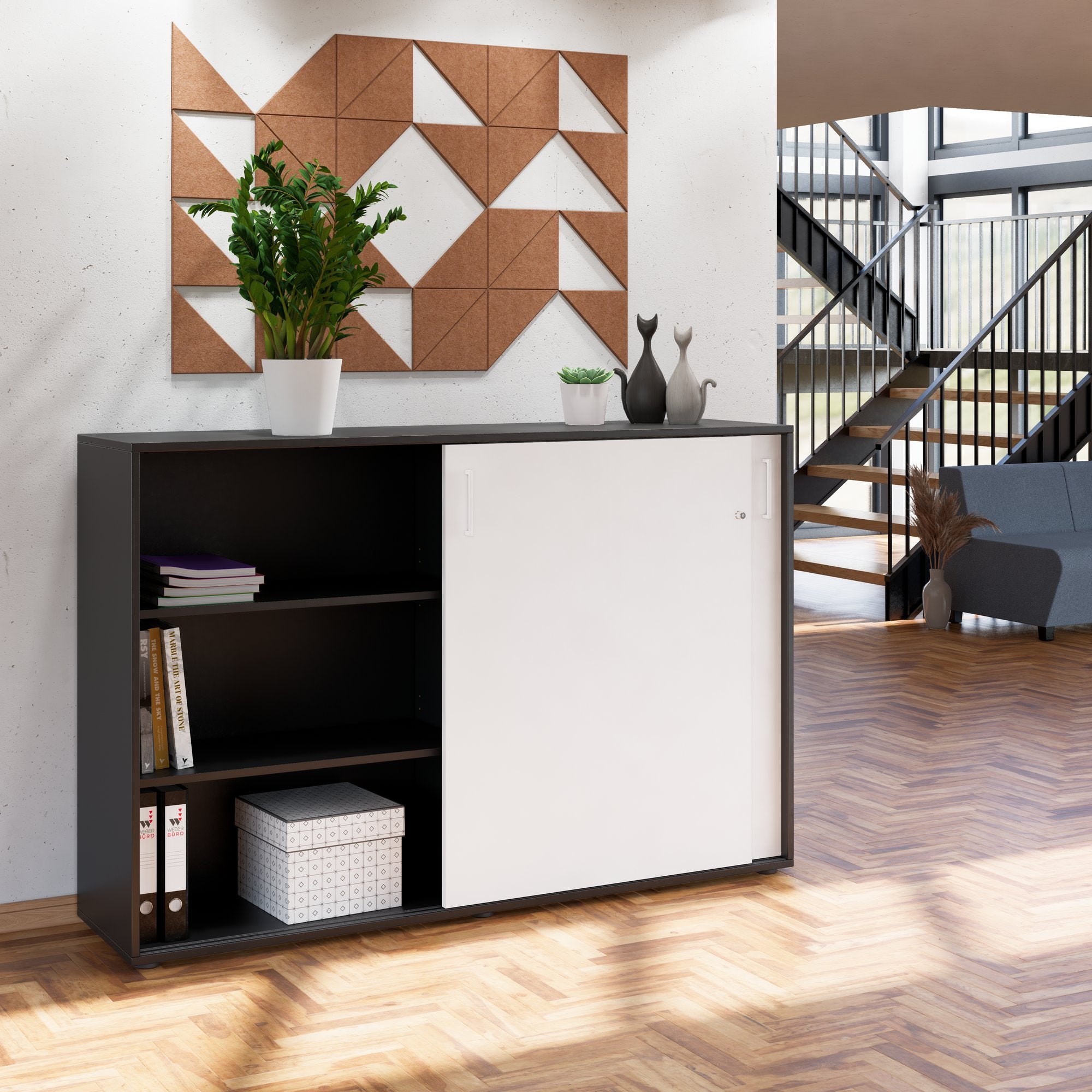 NOVA Sliding door cabinet | 3 Oh, 1640 x 1085 mm, anthracite / white