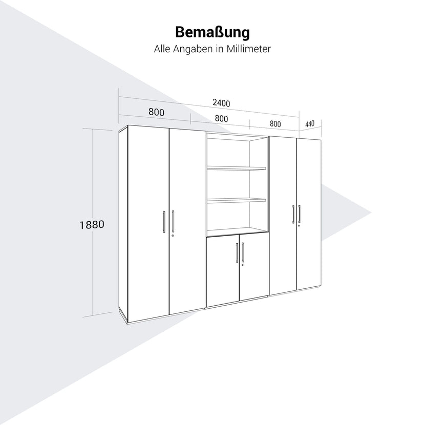 PRO Schrankwand | 5 OH, 2400 x 1880 mm, Graphit / Weiß