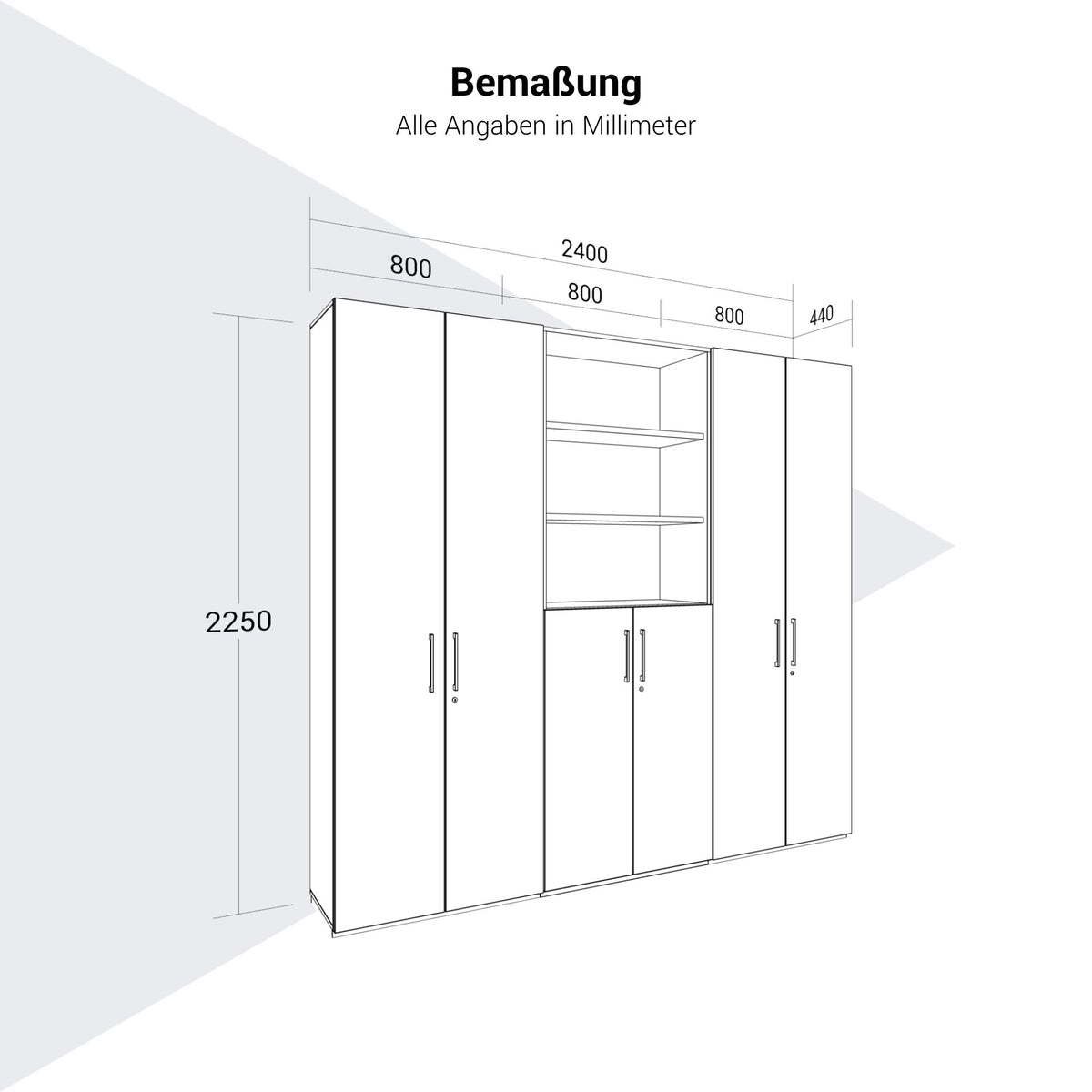 PRO wall unit | 6 OH, 2400 x 2250 mm, gray - 14 Lightbox Main Image