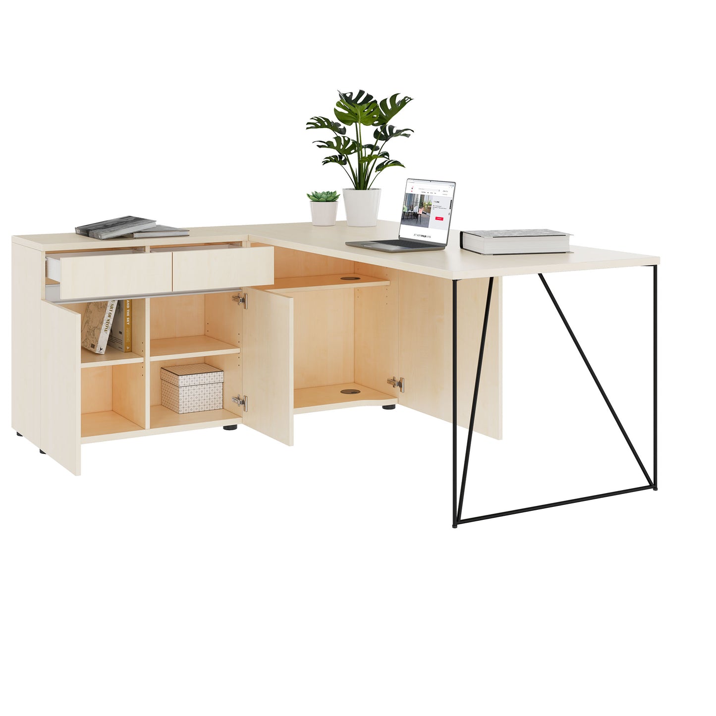 AIR Scrivania | 1600 - 2000 mm, sideboard elettrificata, integrata, acero