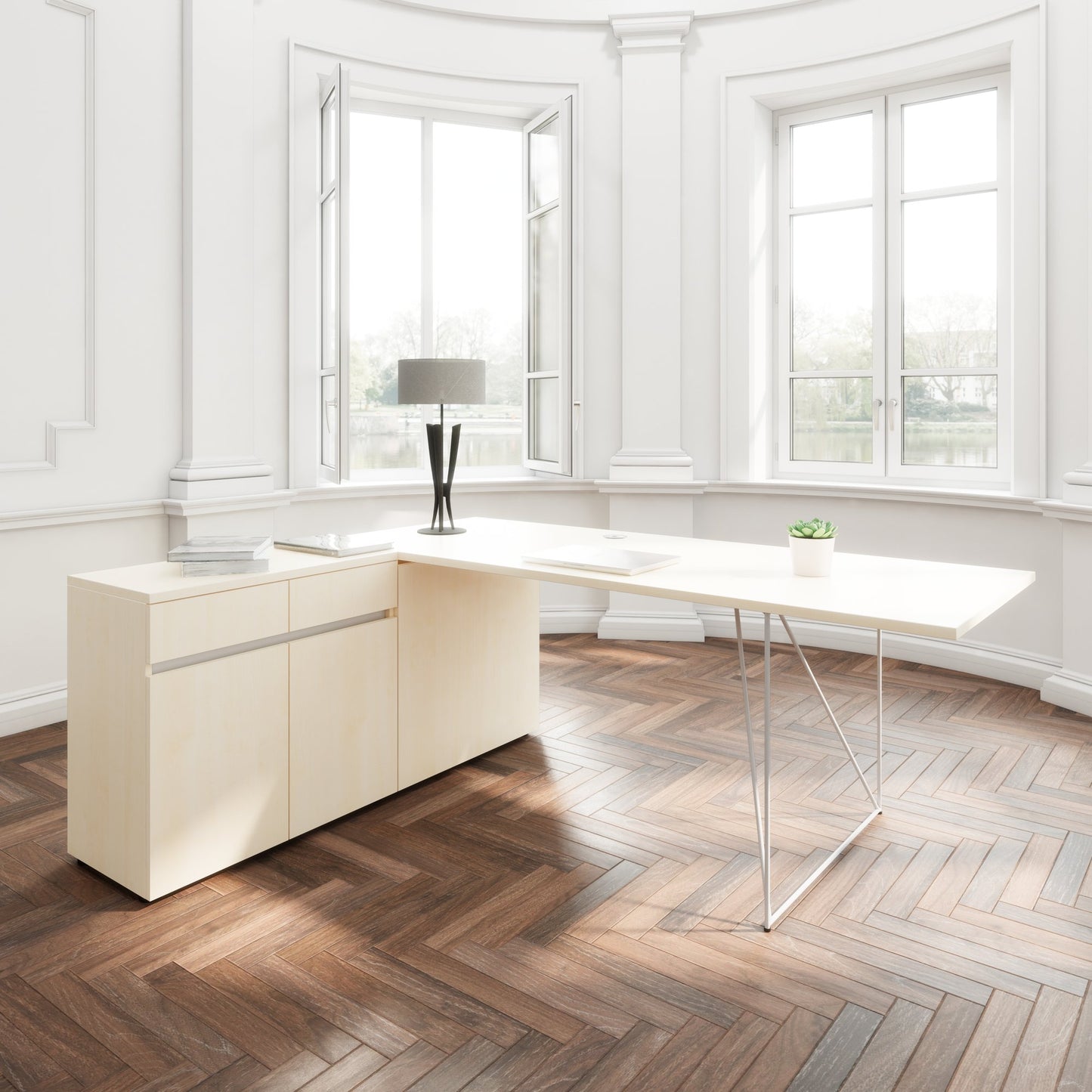 AIR Scrivania | 1600 - 2000 mm, sideboard elettrificata, integrata, acero