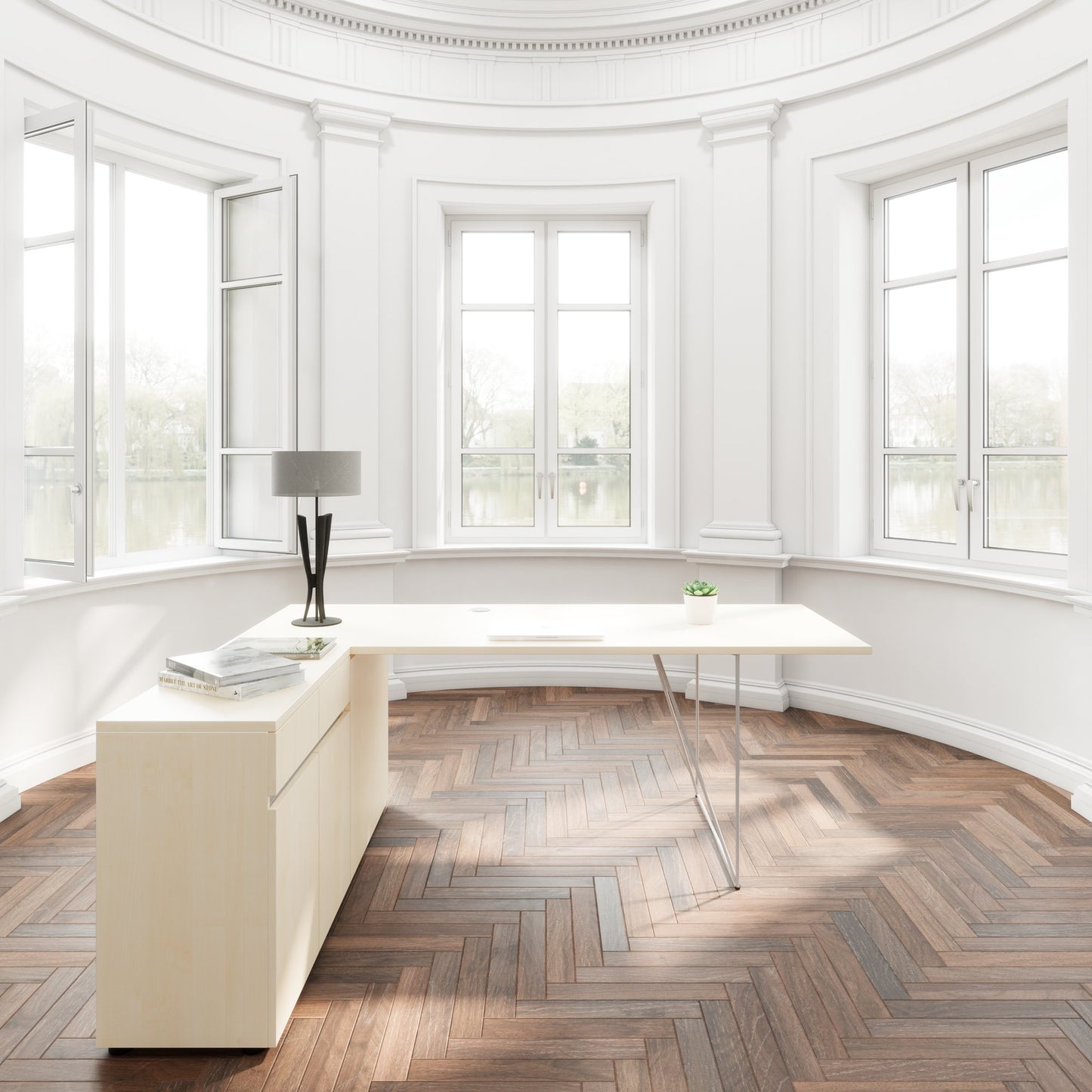 AIR Scrivania | 1600 - 2000 mm, sideboard elettrificata, integrata, acero
