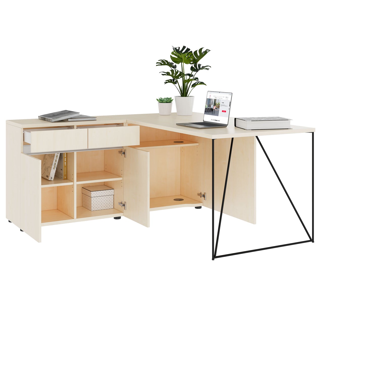 AIR Scrivania | 1600 - 2000 mm, sideboard elettrificata, integrata, acero
