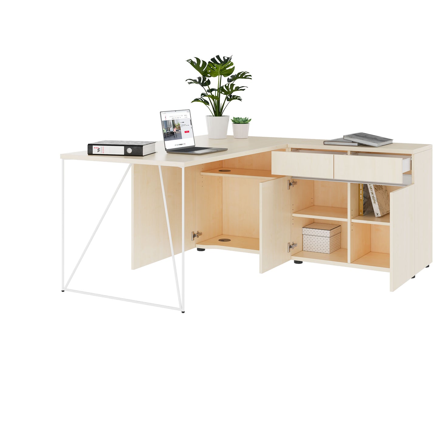 AIR Scrivania | 1600 - 2000 mm, sideboard elettrificata, integrata, acero