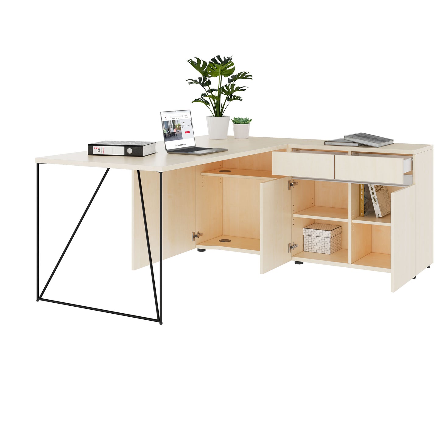 Bureau AIR | 1600 - 2000 mm, électrifié, buffet intégré, érable