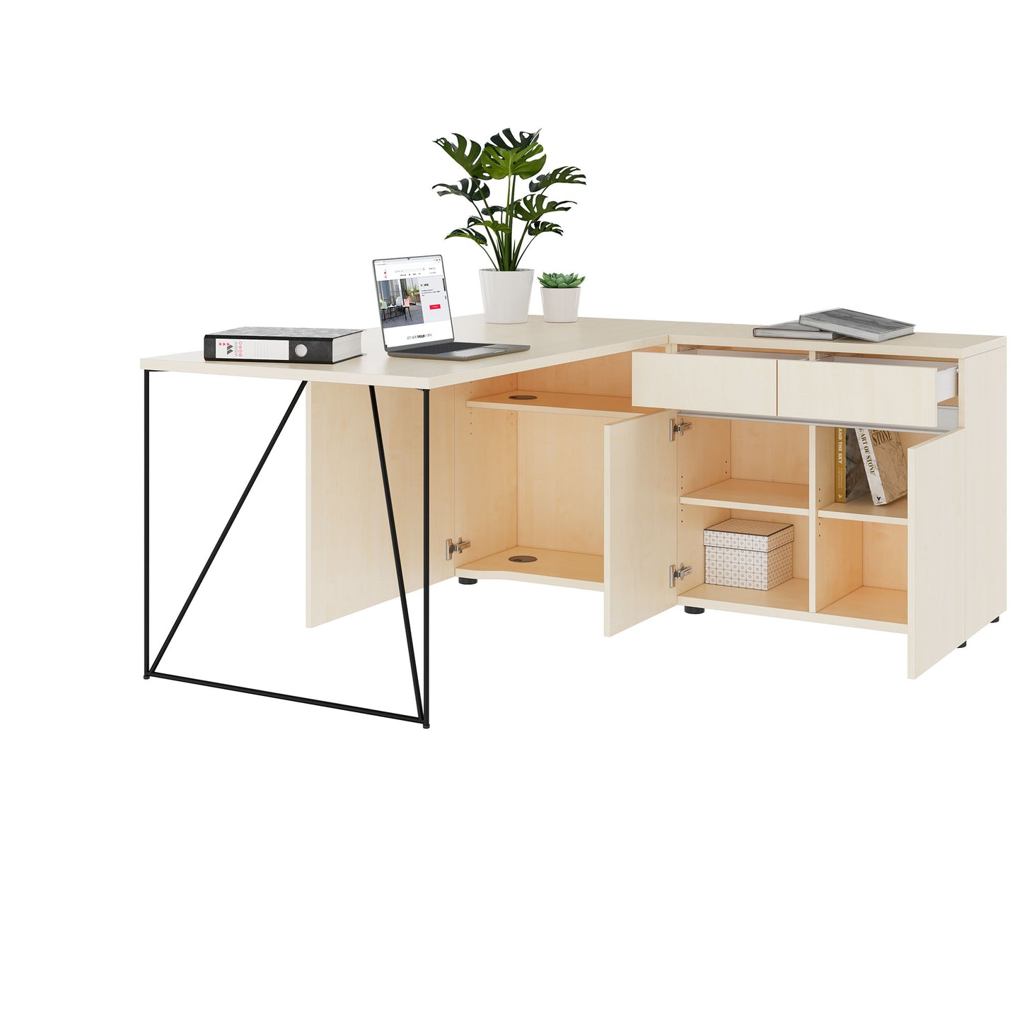 Bureau AIR | 1600 - 2000 mm, électrifié, buffet intégré, érable