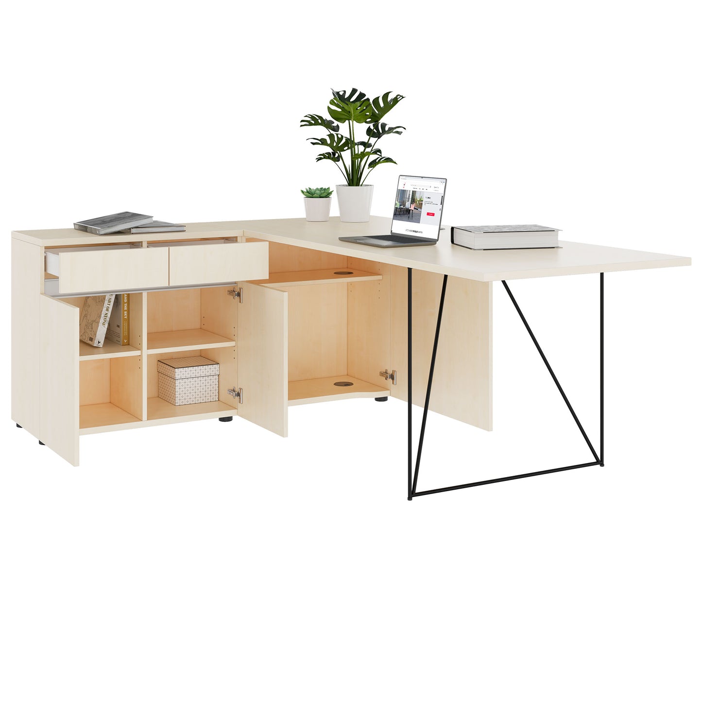 AIR Scrivania | 1600 - 2000 mm, sideboard elettrificata, integrata, acero
