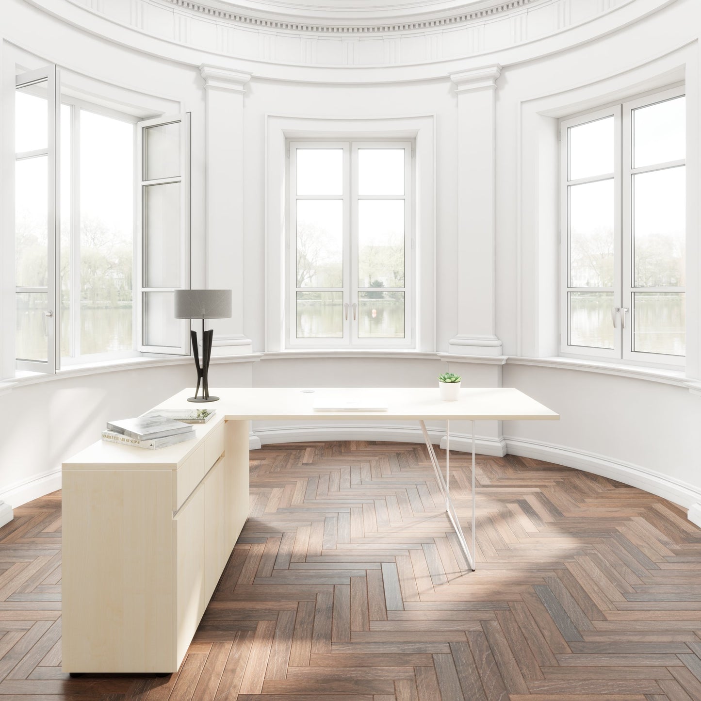 AIR Scrivania | 1600 - 2000 mm, sideboard elettrificata, integrata, acero
