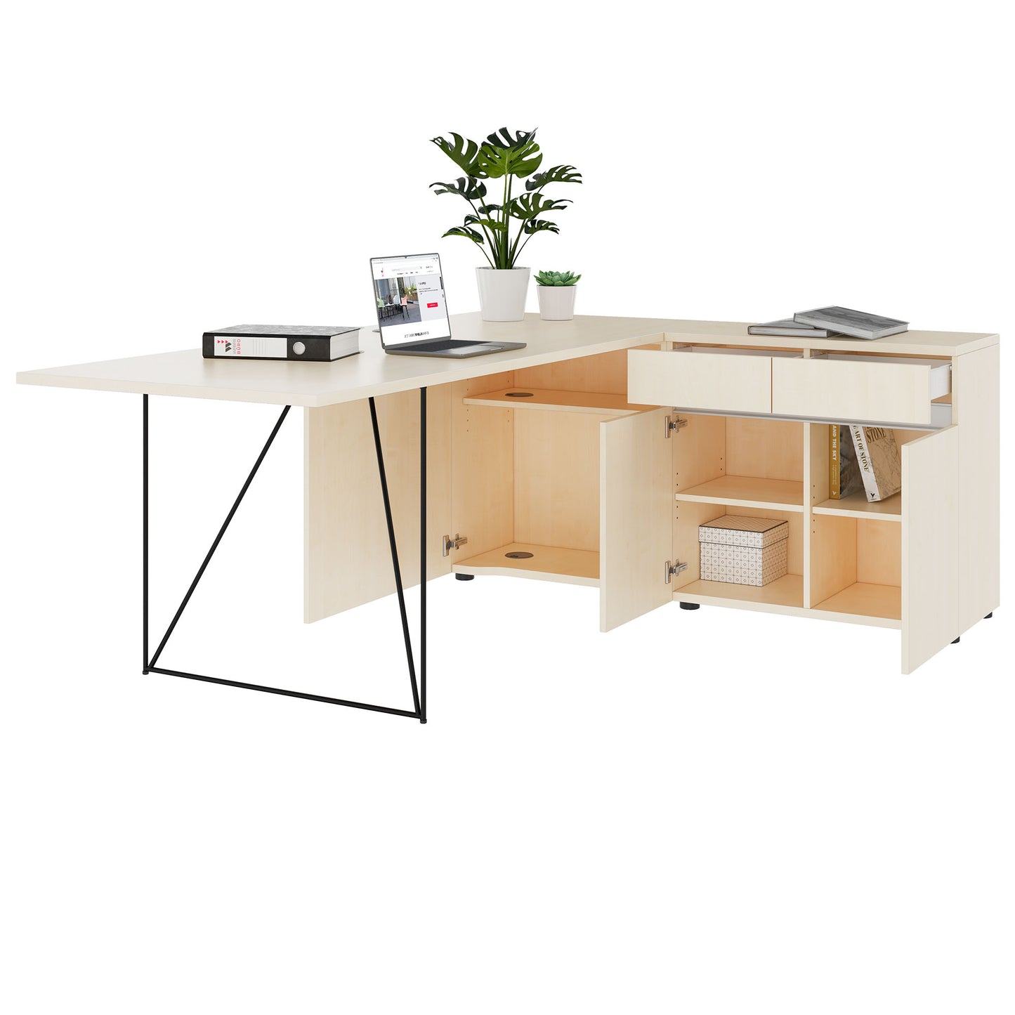 AIR Scrivania | 1600 - 2000 mm, sideboard elettrificata, integrata, acero