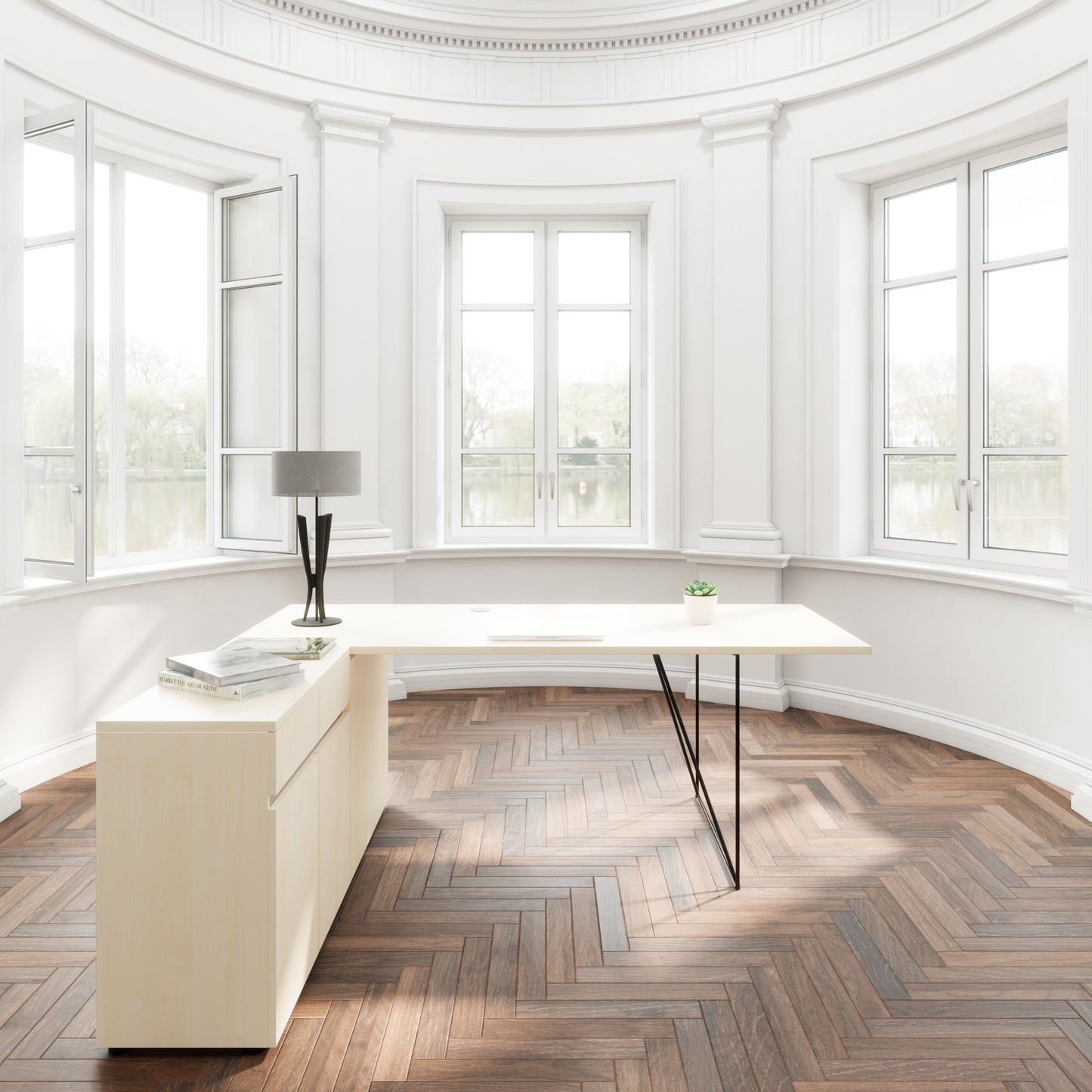 AIR Scrivania | 1600 - 2000 mm, sideboard elettrificata, integrata, acero