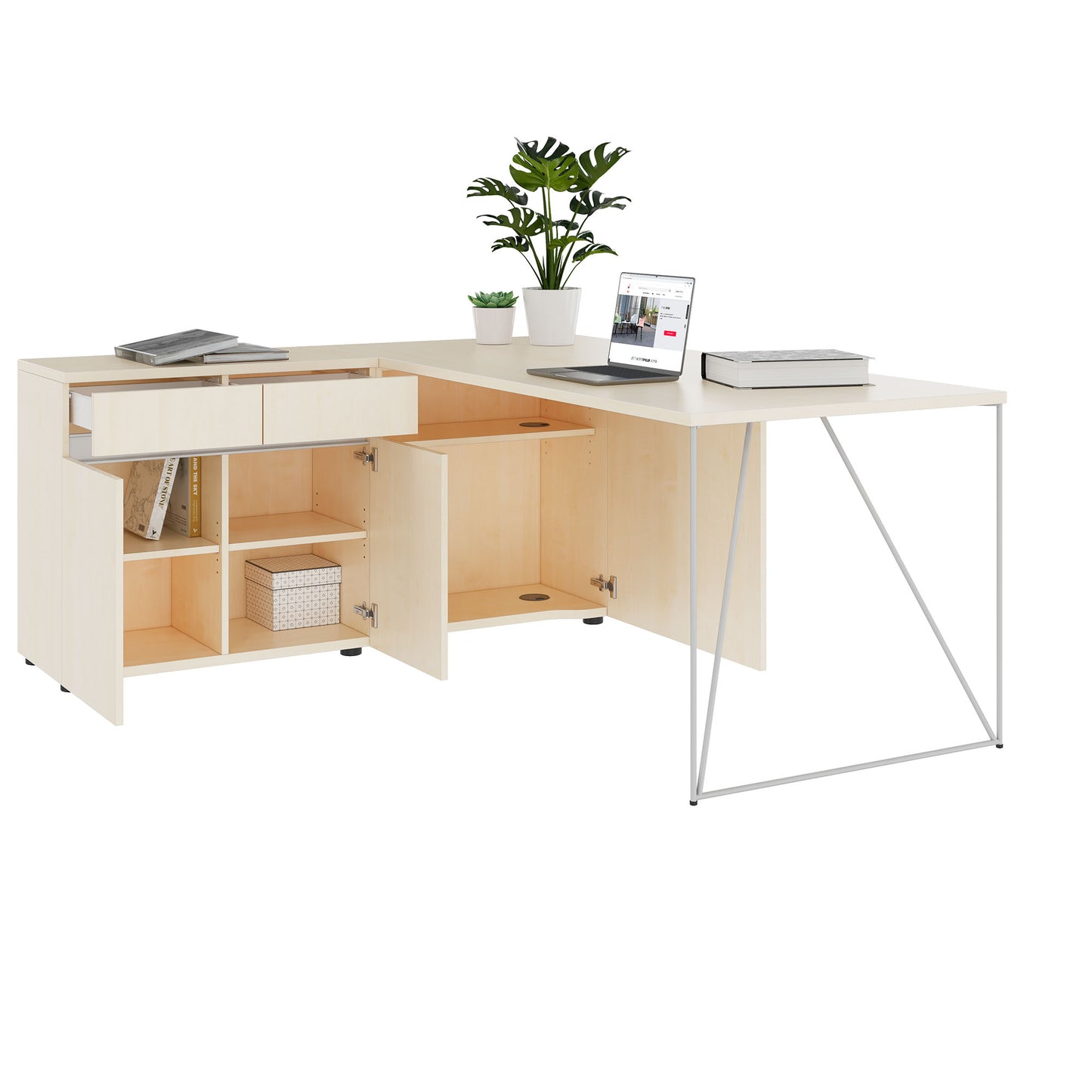 Bureau AIR | 1600 - 2000 mm, électrifié, buffet intégré, érable