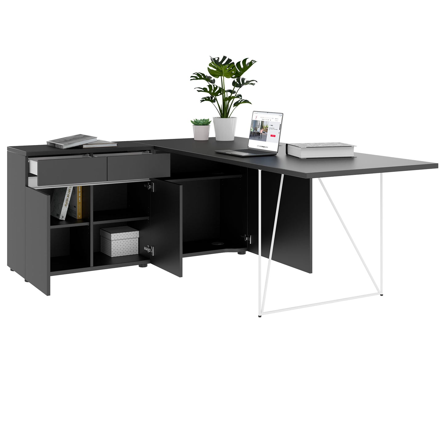 AIR Schreibtisch | 1600 - 2000 mm, elektrifiziert, integriertes Sideboard, Anthrazit